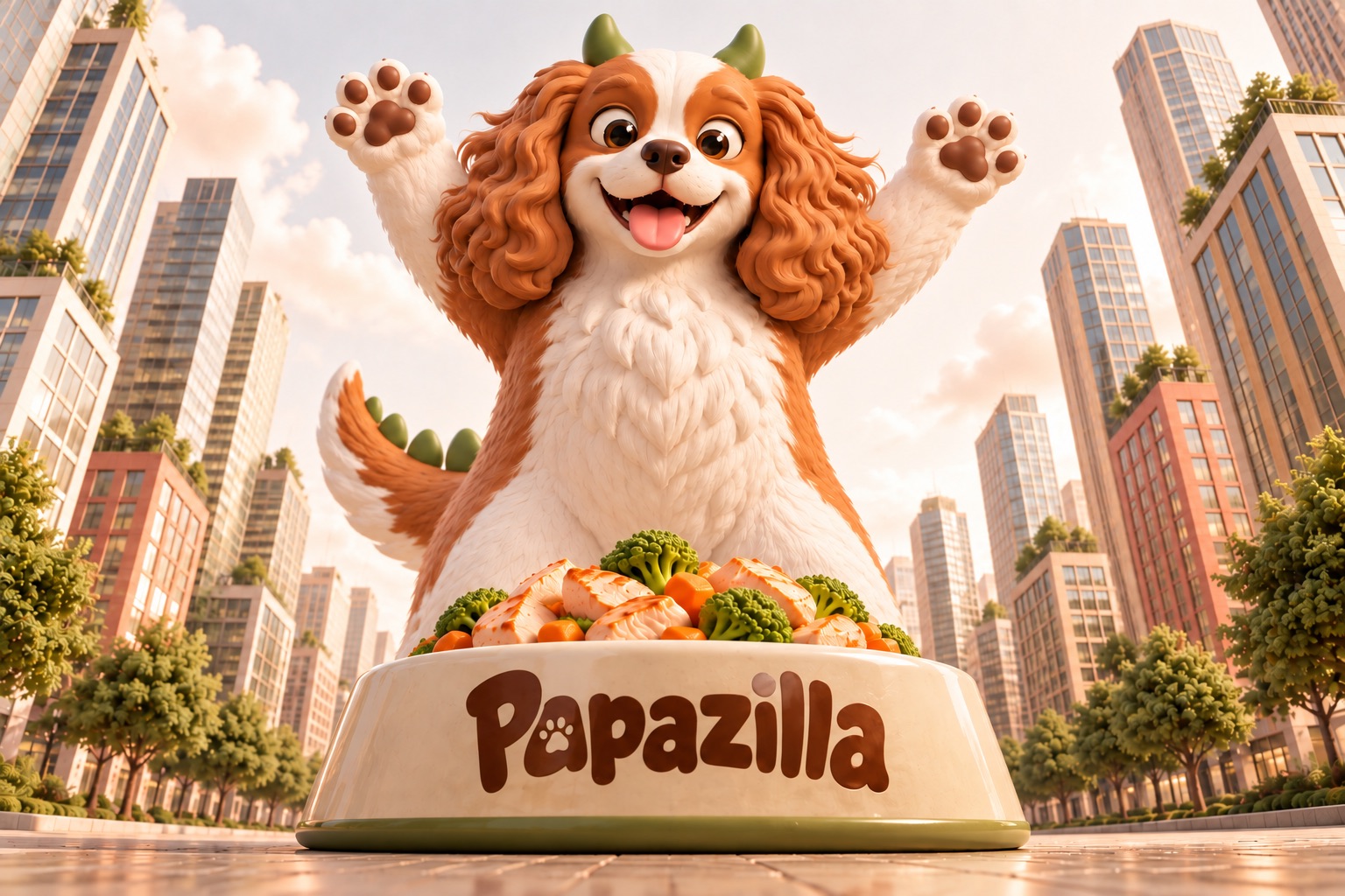 Zilla gigante e centralizada, com as patas erguidas entre prédios modernos, atrás do bowl Papazilla com frango, brócolis e cenoura.